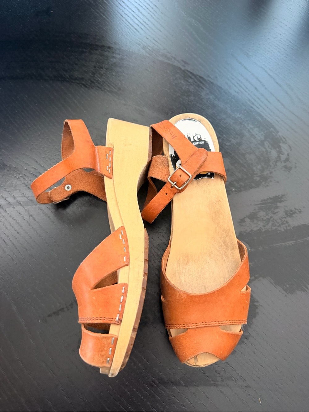 Swedish Hasbeens Debutant Cognac Leather Slingback Platform Clog Sandals size 39 - Picture 11 of 13